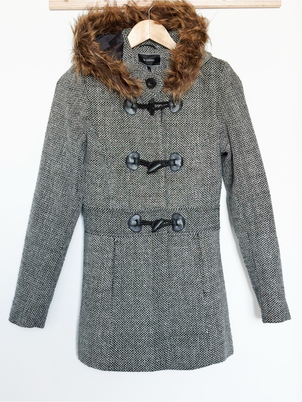 Le Château Faux-Fur Hooded Herringbone Toggle Coat - Black & White (Size XS)
